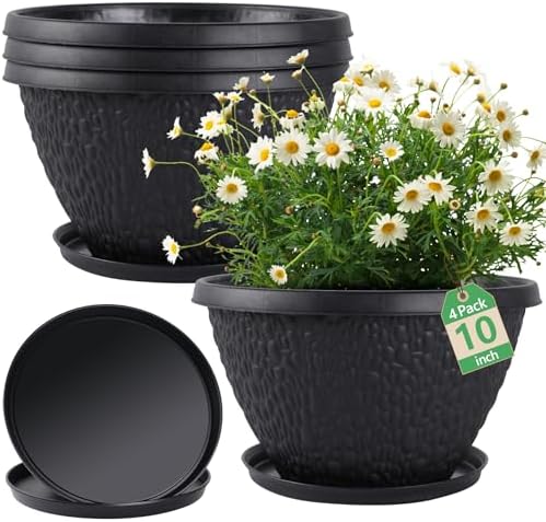 Nooulap 10 inch Plant Pots Outdoor Indoor, 4 Pack, Black by Nooulap
