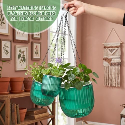 3 Pcs 8.3'' 6.5'' 4.5'' Hanging Self Watering Pot for Indoor Plant, Emerald - Image 3