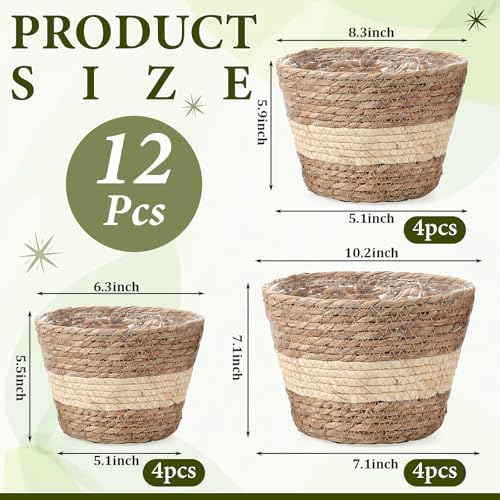 AceOrbit 12 Pcs Wicker Plant Basket Bulk with Liners Woven Planter Baskets Bulk for Indoor Outdoor Seagrass Plants Woven Wicker Baskets for Flower Pots Cover and Room Decor (Mixed Size,Bohemian) - Image 3