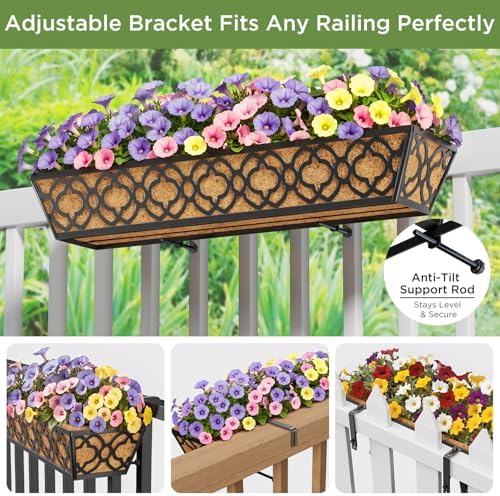 Y&M 6-Pack 30 Inch Railing Planter Boxes, Hanging Balcony Planter, Adjustable Deck Railing Planter Box, Metal Window Boxes Outdoor for Fence, Porch - Image 2