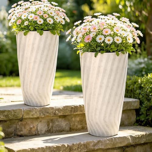 24" Resin Tall Outdoor Planters, Vintage Ivory Wavy Flower Pots - Image 6