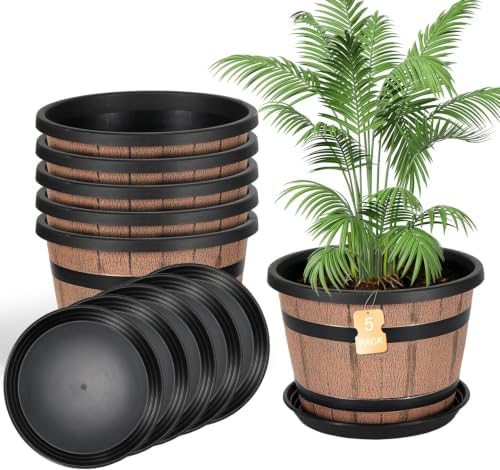 14 Inch Whiskey Barrel Planters with Drainage Holes & Saucer, 5 Pack Plastic Plant Pots with Wine Barrel Design, Flower Pots for Indoor Outdoor Balcony by Unknown