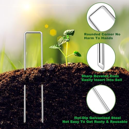 6 Inch Landscape Staples Set, 11 Gauge Galvanized U-Shaped Garden Stakes (200 Pack) with 200 Gaskets, Hook Tool & Rubber Mallet for Weed Fabric & Landscaping - Image 3