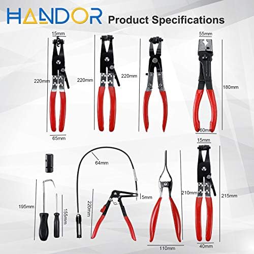Handor 9pcs Hose Clamp Pliers, Wire Long Reach Hose Clamp Pliers Set Fuel Oil Water Hose Auto Tools for Automotive Coolant Radiator Heater and Water Hose with Band Flat or Large Clamps - Image 4