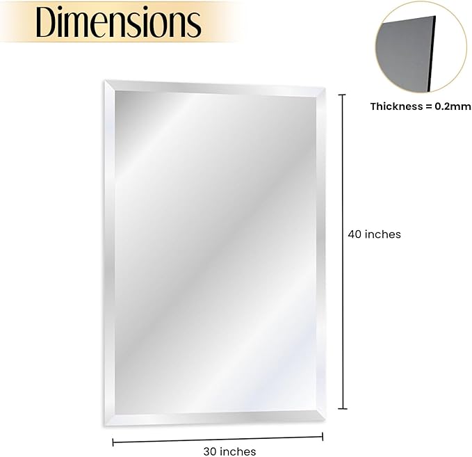 Rectangle Bevelled Frameless Mirror - Wall Mirror 30” x 40”, Shatterproof Modern Bathroom Mirror for Gym, Bathroom Vanity, Entryways with Bevelled Edge, Horizontally or Vertically