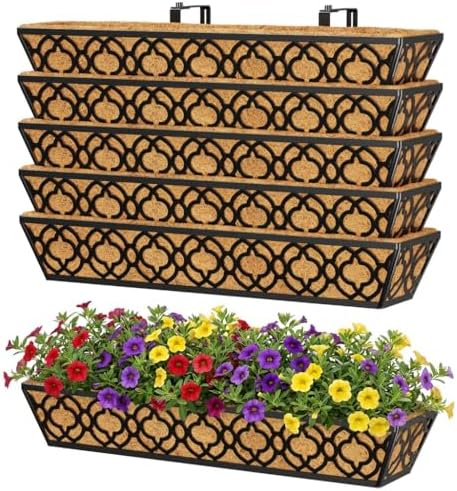 Y&M 6-Pack 30 Inch Railing Planter Boxes, Hanging Balcony Planter, Adjustable Deck Railing Planter Box, Metal Window Boxes Outdoor for Fence, Porch by YM
