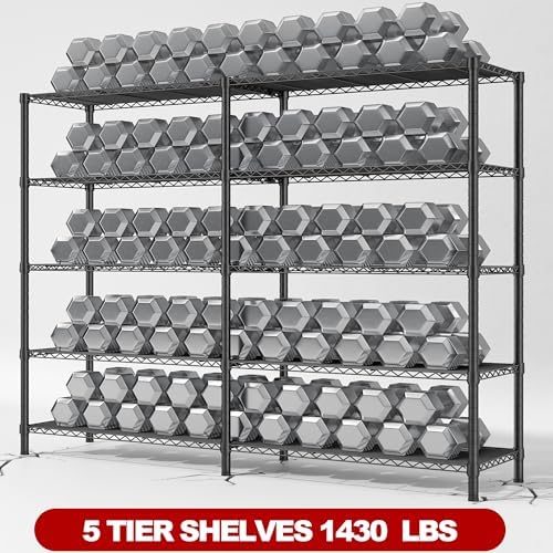 REIBII 5 Tier Wire Shelving Storage Shelves Loads 1430LBS, 58" W Metal Shelving Unit for Storage Adjustable Heavy Duty Garage Shelving Pantry Shelves Kitchen Shelving, Black, 2 Pack - Image 4