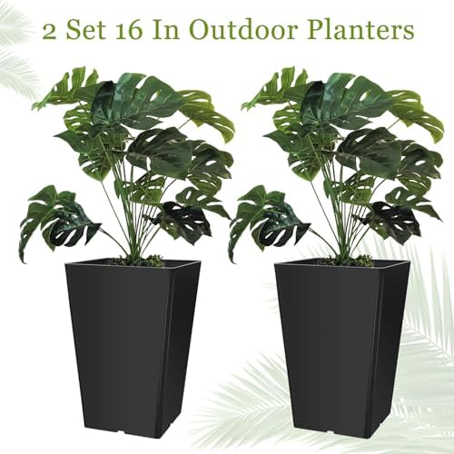 Briwooody Set of 2 15.75 Inch Large Taper Planters Outdoor Indoor Tall Resin Flower Pots with Drainage Holes Modern for Front Door Patio Backyard Plants(Black) - Image 2