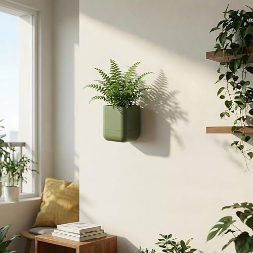 Phoenix Vine 4.5 Inch Wall Mounted Self-Watering Planter Pot for Indoor Houseplants and Herbs | Hanging Planter for Window Sills, Bathroom Walls, Home & Office Décor, Olive, Set of 1, 01-B-F-1 - Image 7