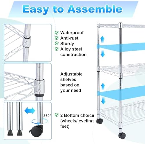Whitmor 3 Tier Storage Shelves, Heavy Duty with Wheels, 200 lbs Capacity per Shelf, Max 600 lbs Total, Adjustable Shelving Unit for Garage, Kitchen, Bathroom, 24" L x 14" W x 30.5" H, Chrome - Image 4