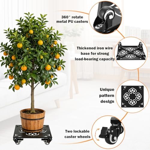 1 Pack Large Square Metal Plant Caddy with Wheels 12 Inches Heavy-duty Rolling Plant Stands with Casters Wheeled Flower Pot Mover Rollers Rust-proof Iron Planter Dolly Coasters Indoor Outdoor Use - Image 2