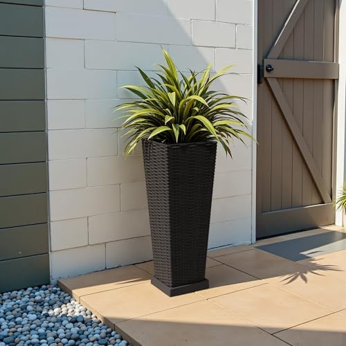 JUMMICO 23.5" Front Porch Resin Rattan Tall Planters 2 Pc, Inner&Outer Tray - Image 7