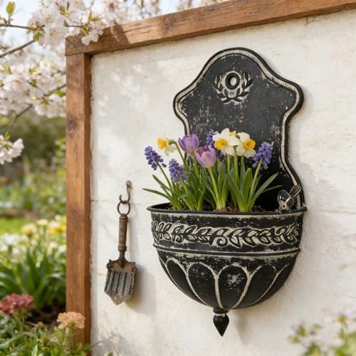 Vintage Rustic Wall Planter Distressed Decor Iron Hanging Plant Basket Shabby Metal Wall Mounted Flower Holder Pot Stand for Indoor Outdoor Home Balcony Patio Farmhouse Garden Decorative Bird Black - Image 2
