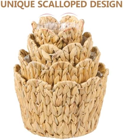 Wicker Scalloped Plant Basket with Plastic Liner for Indoor, Set of 4, | Hand Woven Water Hyacinth Rattan Flower Pots Cover - Image 5