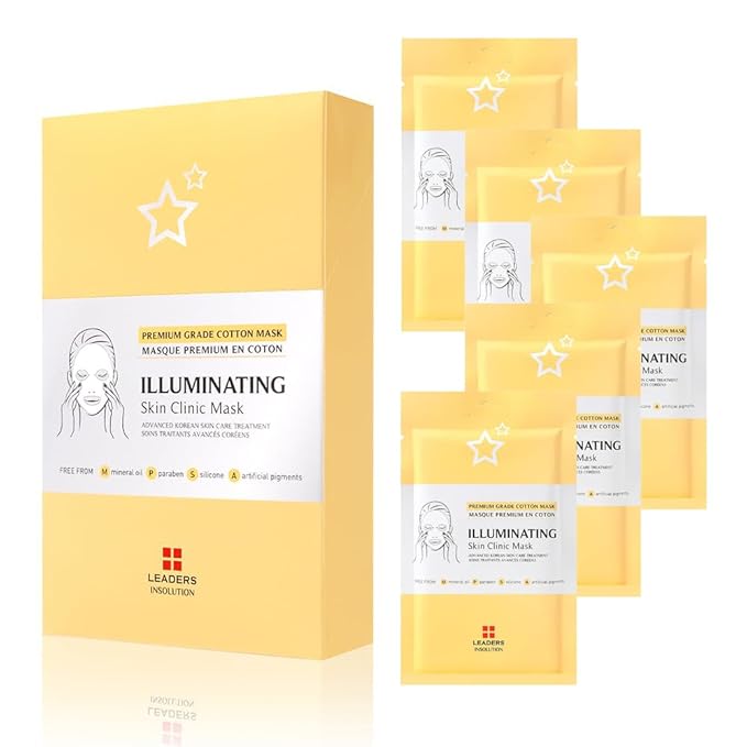 Leaders Insolution Illuminating Skin Clinic Mask | Omega-3 & Purslane Extract for Radiant Glow | Niacinamide Brightening Treatment | Even Skin Tone | 100% Natural Cotton (5 Sheets)