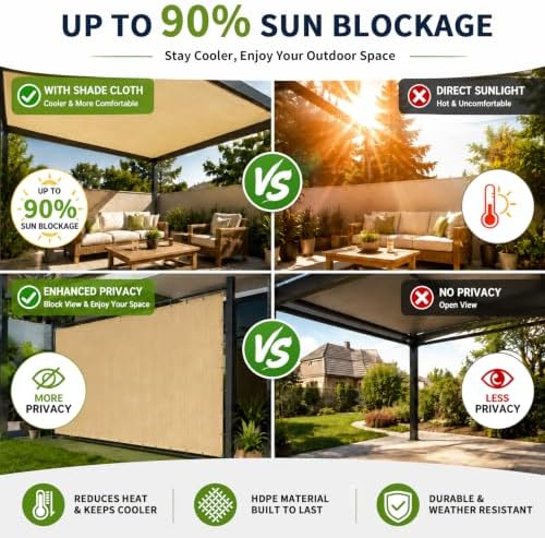 90% Outdoor Sun Shade Cloth, 6' x 8', Pergola, Deck, and Backyard Patio Sunshade with UV Protection, Heat Resistant HDPE Material, Reinforced Grommets (6x8 FT, Wheat) - Image 4