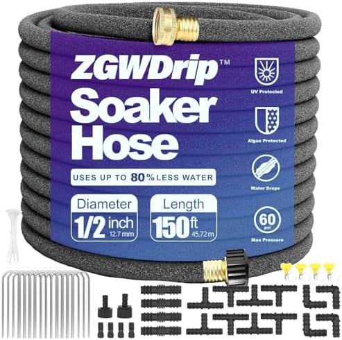 150FT 1/2" Water-Saving Soaker Hose with Solid Brass Connectors, Drip Irrigation Kit for Lawn & Landscaping with Metal Ground Stake & Accessory Kit by Unknown
