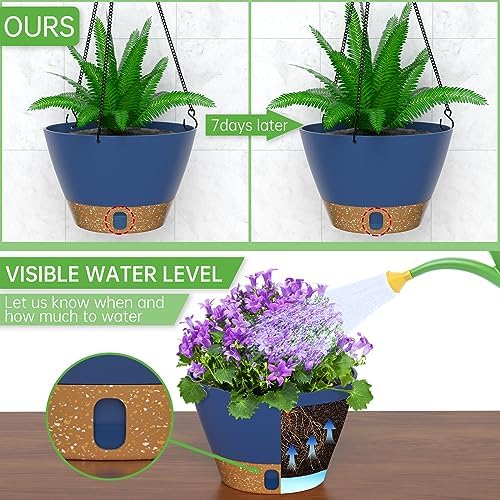 ZMTECH 2 Pack 10 Inch Hanging Baskets for Plants Outdoor Indoor, Modern Blue Planters with Water Level Window & Metal Chain for Balcony Patio Garden Home Decor - Image 5