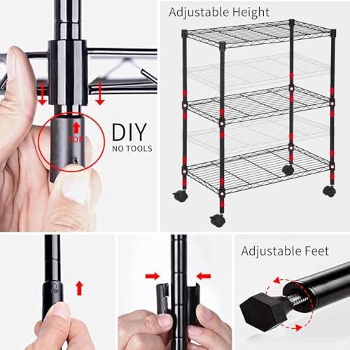 Meet perfect 3-Tier Wire Shelving Unit with Wheels, Black - Image 4