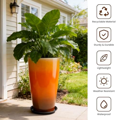 21 inch Tall Planters for Outdoor & Indoor Plants, Set of 2 Large Outdoor Planters for Porch, Tall Planter (Orange) - Image 3