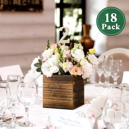 Dandat 18 Set Square Wood Planter Boxes Vases Rustic Centerpieces,Brown - Image 6