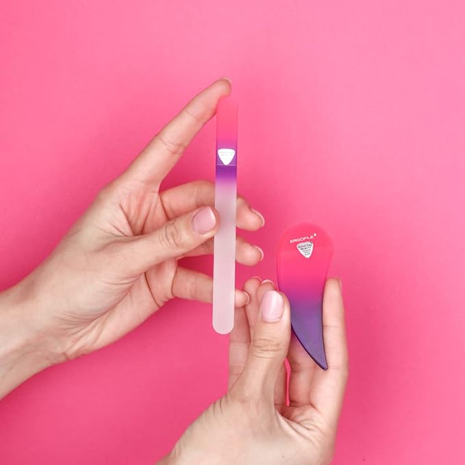 BONA Fide Beauty Glass Nail File Manicure Set, 2-Pieces Comfort Grip Ergonomic Drop Ergofile Czech Glass in Sleeves