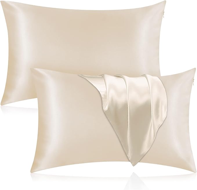 Silk Pillowcase for Hair and Skin, 2 Pack 100% Mulberry Silk Pillowcase 25 Momme, 600 Thread Count, Both Side Pure Silk Pillow Cover with Hidden Zipper (Beige, Standard 20''×26'')