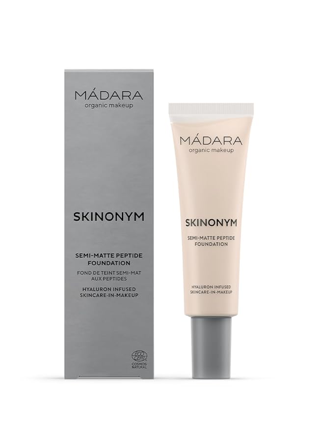 MADARA Organic Skincare |SKINONYM Semi-Matte Peptide Foundation, #10 PORCELAIN, 30ml – Natural foundation with collagen-supporting peptides, Semi-matte finish, Buildable coverage, Skincare benefits