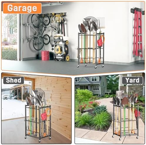 TORACK Garden Tool Stand with Wheels, Rakes Shovels Holder Yard Tools Organizer for Garage, Garden, Shed Indoor/Outdoor Long-Handled Tools Cart(Tool stand) - Image 2
