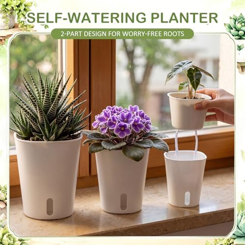 Ziliny 18 Pcs Self Watering Pots Plastic Plant 3 Sizes Flower Plant Pot with Inner White Flower Pots for Indoor House Plants Plastic Self Watering Pot for Herbs Flowers (S,M,L) - Image 6
