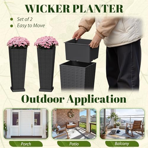 JUMMICO 23.5" Front Porch Resin Rattan Tall Planters 2 Pc, Inner&Outer Tray - Image 5