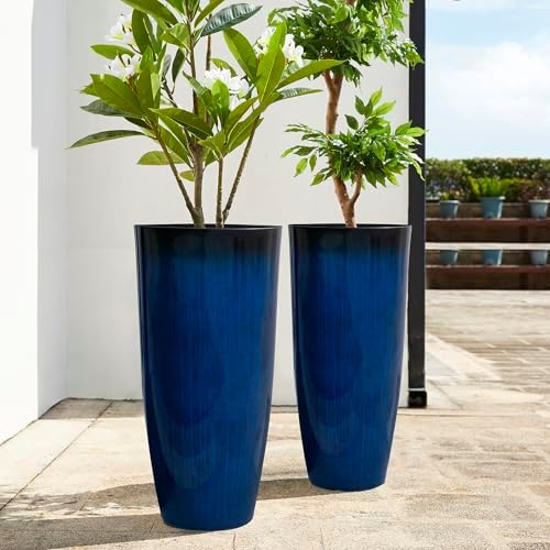 Glitzhome 30" H Tall Planters for Outdoor Plants, Set of 2 Plastic Large Outdoor Planters with Gradient Cobalt Blue Faux Ceramic Finish,Large Flower Pots with Drainage Holes for Front Porch Indoor - Image 5