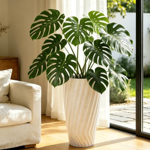 24" Resin Tall Outdoor Planters, Vintage Ivory Wavy Flower Pots - Image 4