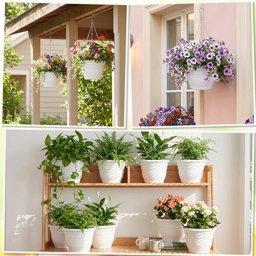 10 Pack 11 Inch Plastic Hanging Planter Bulk White Hanging Baskets for Plants with Drainage Trays Self Watering Plant Pot Outdoor Indoor Planter for Garden, Balcony, Porch, Patio Decor - Image 6