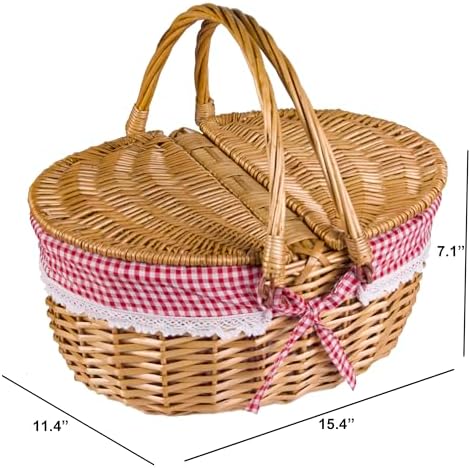 Wicker Picnic Basket with Lid and Handle Sturdy Woven Body with Washable Plaids Liner,Red - Image 4
