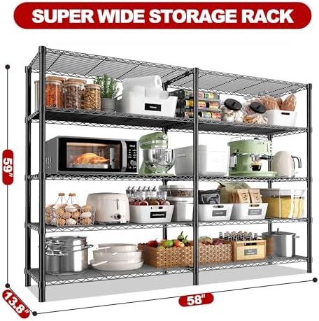 REIBII 5 Tier Wire Shelving Storage Shelves Loads 1430LBS, 58" W Metal Shelving Unit for Storage Adjustable Heavy Duty Garage Shelving Pantry Shelves Kitchen Shelving, Black, 2 Pack - Image 2