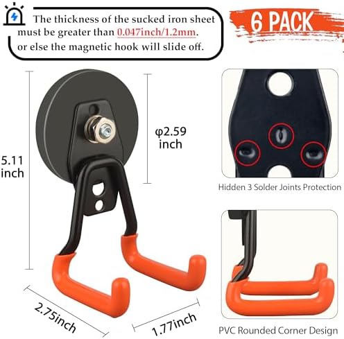 ULIBERMAGNET New Upgraded Heavy Duty Magnetic Garage Hooks,6 Pack Strong Large Magnet Hooks for Power Drill,Garden Tools,Hose,Pegboard,Garage, Workshop,Magnetic Storage Hook for Hanging(Orange) - Image 2
