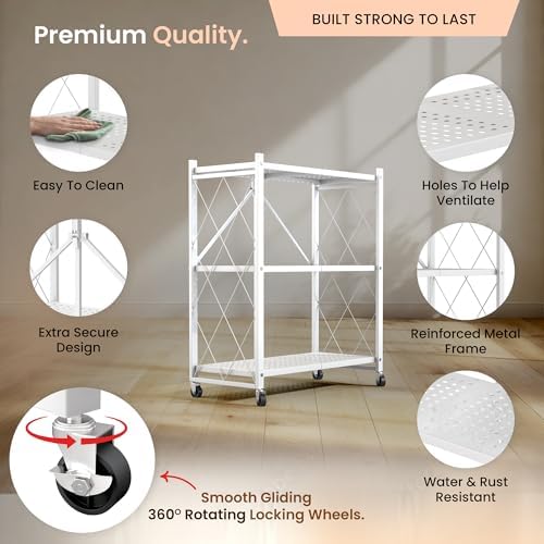 Our Modern Space 3-Tier Foldable Storage Shelf with Wheels | Metal Rack Collapsible Shelving Display | Rolling Cart for Books Kitchen Storage Shelves | Pantry & Closet Organizer | Office Room Decor - Image 3