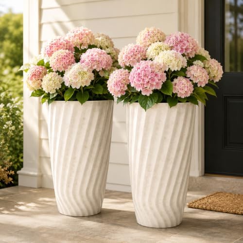 24" Resin Tall Outdoor Planters, Vintage Ivory Wavy Flower Pots - Image 5