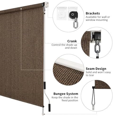 SMONTER Outdoor Sunshade Roller Shade 6'W x 6'H (72" Wx72 H), Exterior Cordless Roll Up Shades Blinds, UV Protection Shade Cloth with Crank Operation for Outside Windows Patio Porch Gazebo, Mocha - Image 4