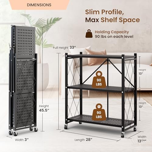 Our Modern Space 3-Tier Foldable Storage Shelf with Wheels | Metal Rack Collapsible Shelving Display | Rolling Cart for Books Kitchen Storage Shelves | Pantry & Closet Organizer | Office Room Decor - Image 2