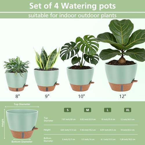 Self Watering Pots with Water Level Indicator, 12" 10" 9" 8" Large Plastic Flower Pots with Mesh Drainage Hole and Removable Saucer Reservoir for Indoor Outdoor Plants (Green) - Image 5