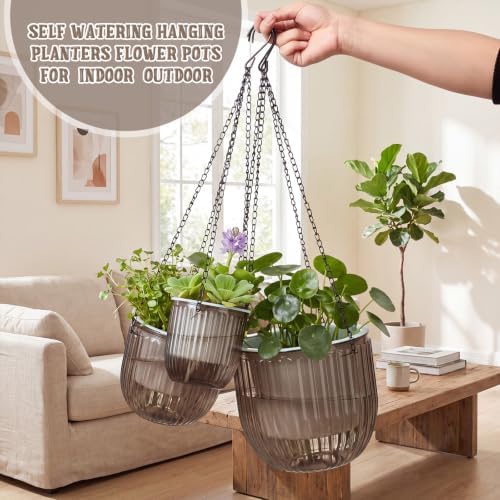3 Pcs 8.3'' 6.5'' 4.5'' Hanging Self Watering Pot for Indoor Plant, Gray - Image 3