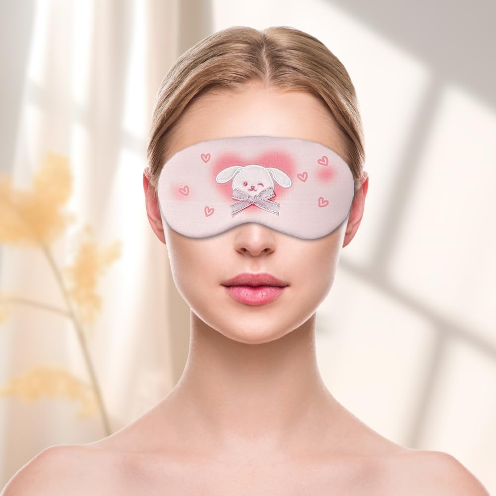 PERFECTSIGHT Rabbit Sleep Eye Masks, Cute Plush Sleep Eye Cover Lightweight Adjustable Eyeshade Faux Fur Mask Cover for Women Men Travel Nap, Heart Bunny