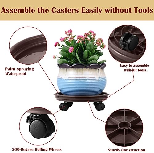 6 Packs Plant Caddy with Wheels 12" Plastic Rolling Stands Heavy-Duty Dolly with Casters Indoor Outdoor Coaster, Brown - Image 2
