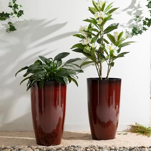 Glitzhome 23.5" H Oversized Tall Planter, Set of 2 Plastic Large Outdoor Planters with Drainage Holes, Gradient Red Faux Ceramic Finish, Large Flower Pots Round Plant Pots for Indoor Outdoor Patio - Image 6