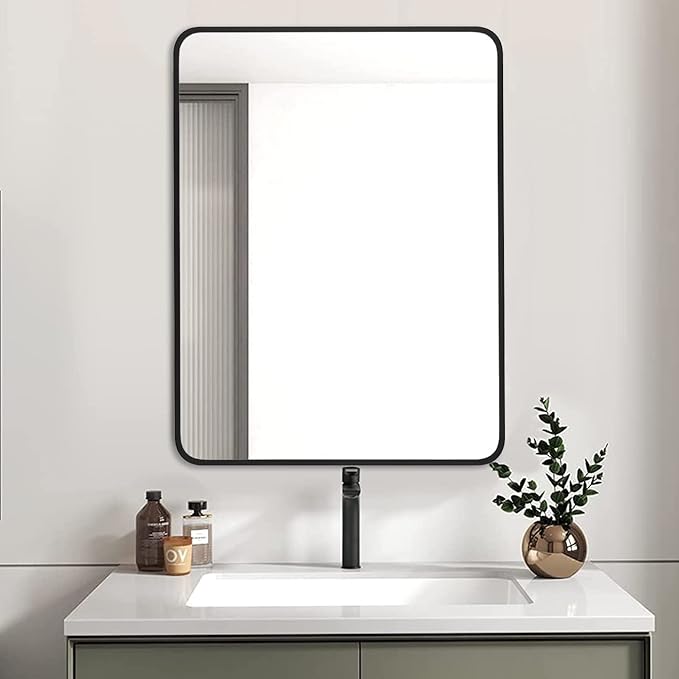 24x32 Inch Matte Black Bathroom Mirror - Copper-Free Mirror, Metal Frame Vanity Rectangle Wall Mounted Modern Mirror for Bedroom/Living Room/Porch Horizontal or Vertical