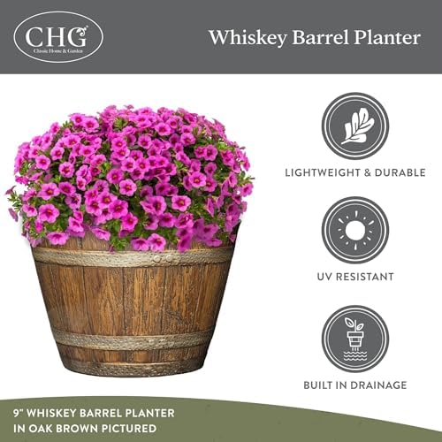 Classic Home and Garden Whiskey Plastic Resin Flower Pot Barrel Planter, Oak Brown, 20.5" (4 Pack) - Image 4
