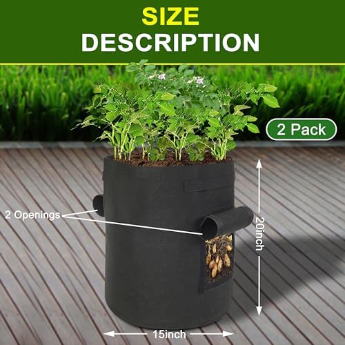 Potato Grow Bags, 2-Pack 15-Gallon Grow Bags with 2 Flaps and Reinforced Handles, Heavy-Duty Thickened 500G Aeration Fabric Pots for Potatoes, Tomatoes, Flowers, and Vegetables - Image 2