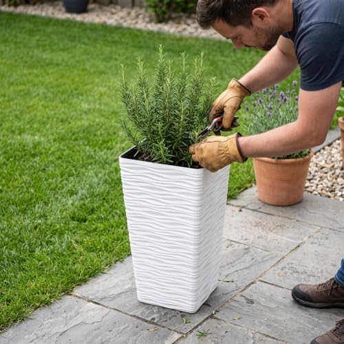 Worth Garden 22" Tall Planters Set of 2 - Plastic White Square Plant Pots with Drainage Hole - Modern Large Tapered Matte Wavy Tree Flower Pot for Indoor Outdoor Porch Deck - Image 5